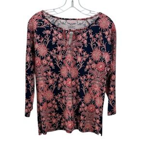 Talbots Cotton/Modal Blue Pink Floral Print Keyhole Tie 3/4 Sleeve Top M New